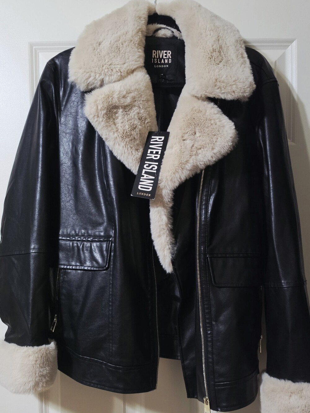 River Island Black Faux Leather Bomber with Cream Shearling Collar Size 10